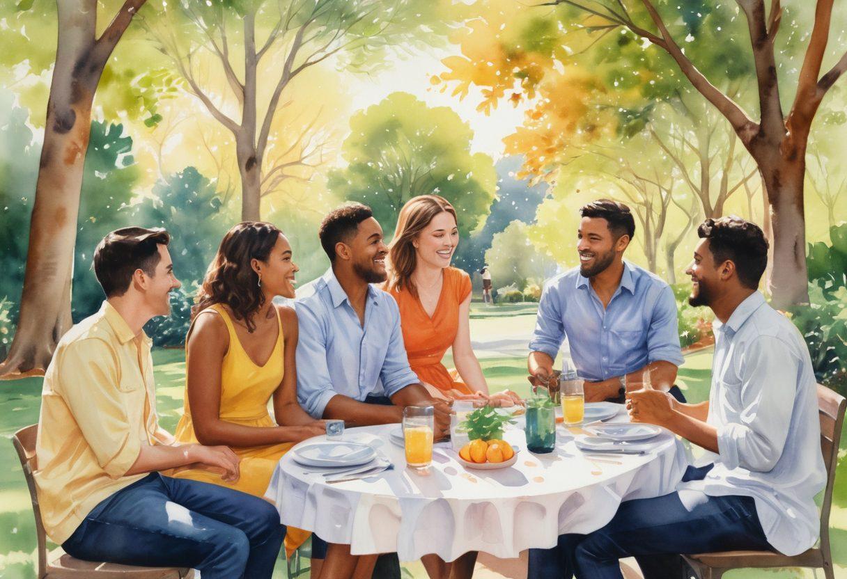 A diverse group of three couples in a serene park, engaging in open conversation, laughter, and connection. Each couple represents different backgrounds and orientations, showcasing the beauty of consensual non-monogamy. Vibrant foliage surrounds them, symbolizing growth and exploration in relationships. Soft sunlight filters through the trees, creating an inviting atmosphere. watercolor painting. warm tones.