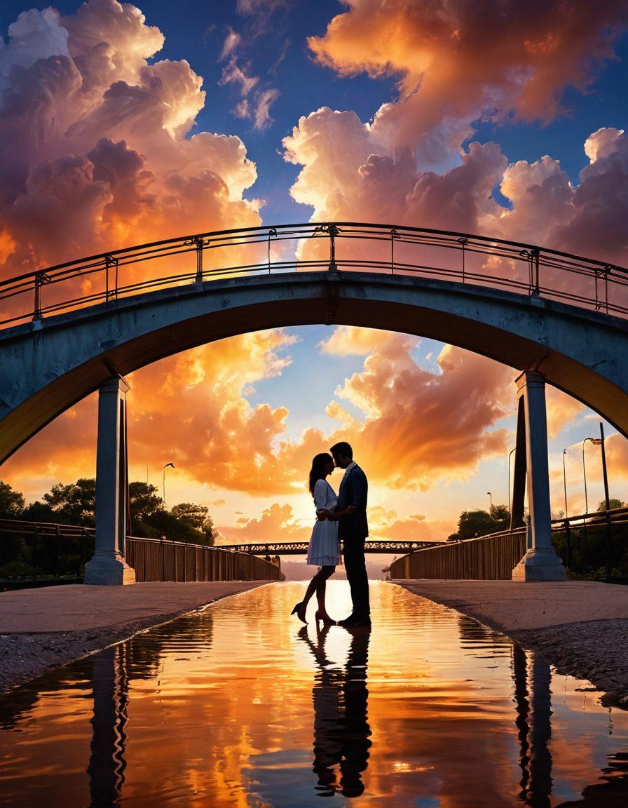 An enchanting scene depicting two diverse couples exchanging affectionate gestures, set against a backdrop of a metaphorical bridge symbolizing connection and trust. Incorporate elements of warmth, love, and mutual respect, with soft lighting to evoke intimacy. Highlight their intertwined hands and joyful expressions, conveying a sense of bonding and openness. Ethereal clouds above symbolize dreams and growth, enhancing the positive vibe. vibrant colors. super-realistic.