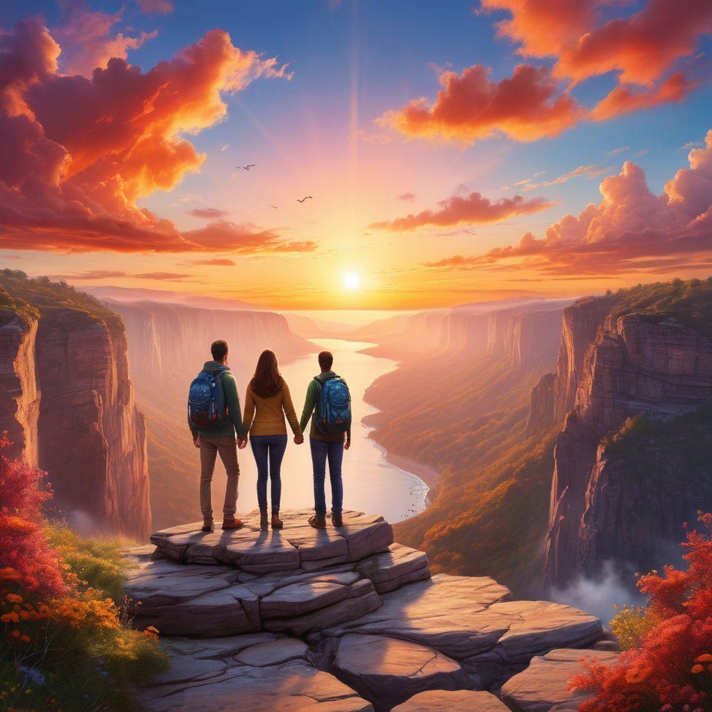 A couple standing hand-in-hand at the edge of a breathtaking cliff, gazing at a vibrant sunset that symbolizes new beginnings. Surround them with soft clouds and a hint of adventure through scattered travel items like a compass and a globe. Infuse the scene with warmth and love while incorporating symbols of connection, such as glowing hearts in the background. super-realistic. vibrant colors. scenic landscape.